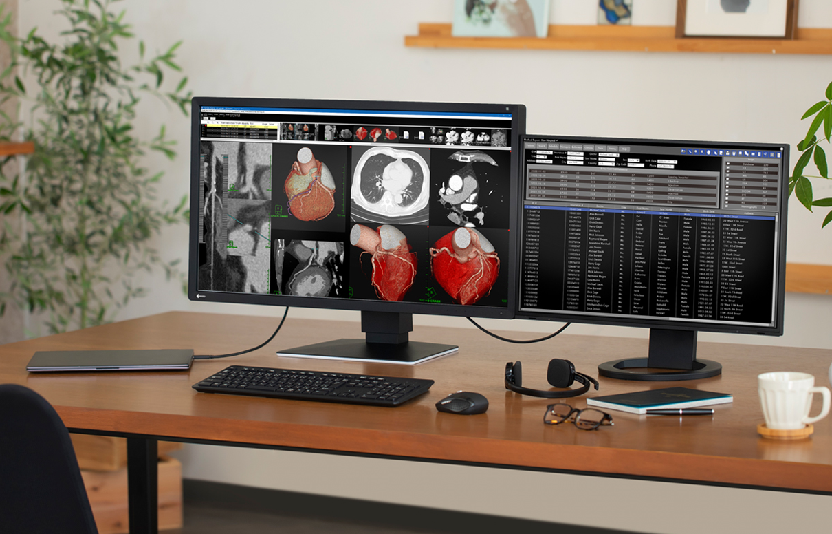 Przykład stanowiska dwumonitorowego z systemem DisplayPort marki EIZO